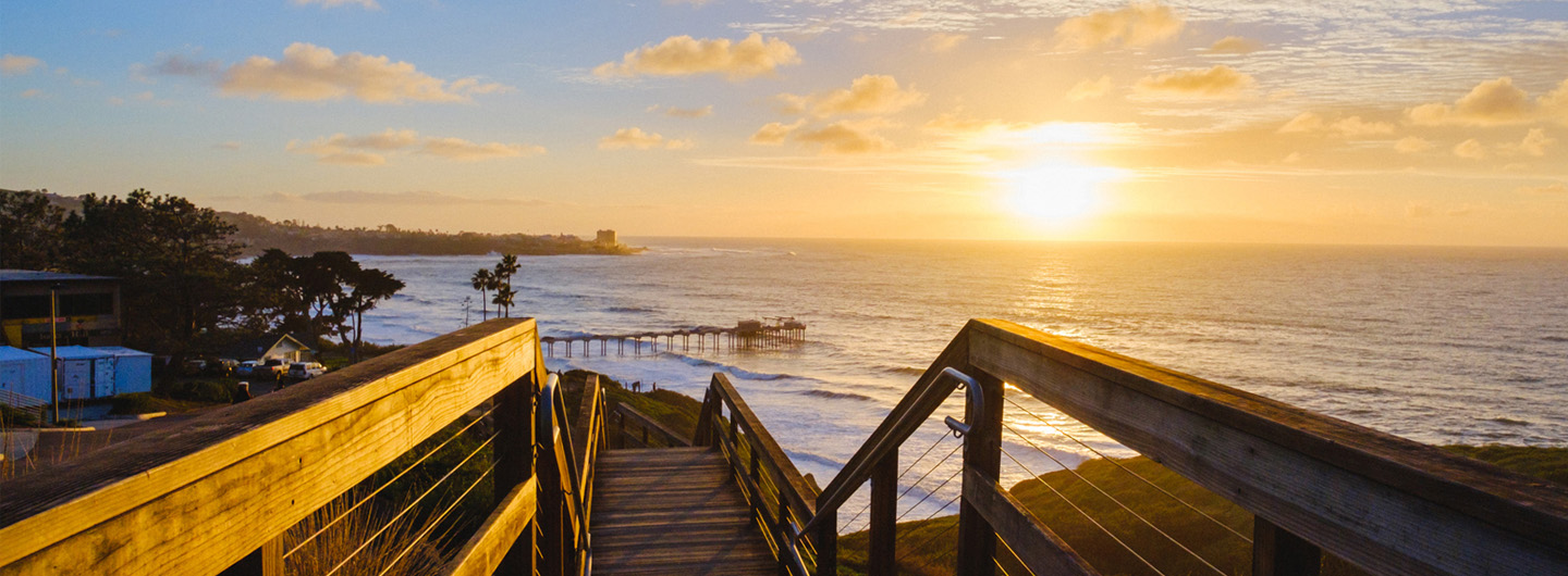 sunset from Scripps campus wooden stairs