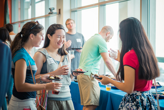 Students talking and eating